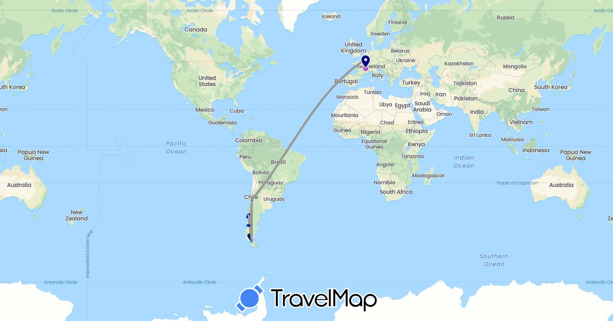 TravelMap itinerary: driving, bus, plane, train, hiking, boat in Argentina, Chile, France (Europe, South America)